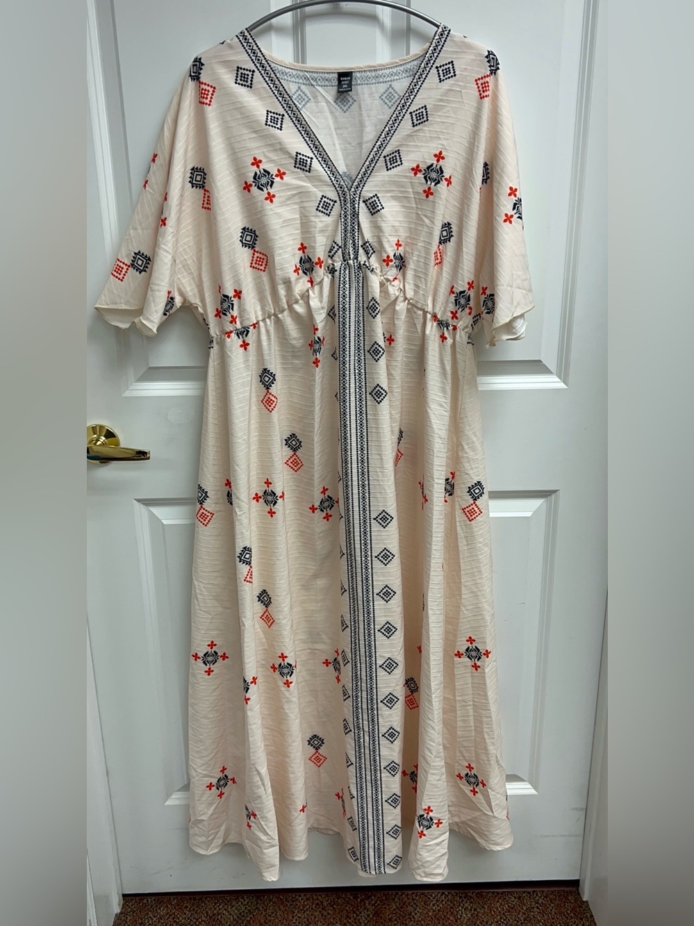SHEIN LUNE Womens Geometric Print V-Neck Tie Front Lantern Sleeve Dress Size XL